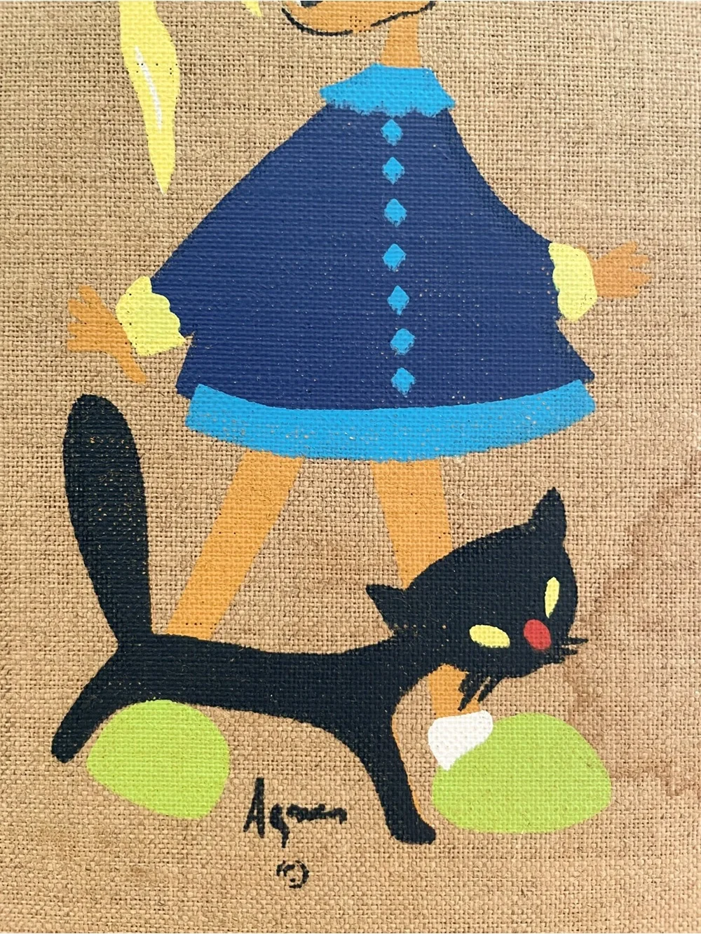 VTG Mid Century Agnes Young Girl Cat Burlap Wood Wall Art Plaque Panel MCM